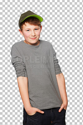 Buy stock photo Portrait, fashion and teenage boy smile while posing on isolated transparent and png background. Face, cool and male teenager person with streetwear, clothes and outfit, pose and youth aesthetic 