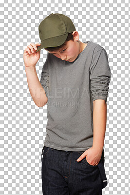 Buy stock photo Youth, young and shy kid boy, teenager or child with social anxiety, fear and introvert scared to be embarrassed. Problem, crisis and guilty adolescent person isolated on transparent, png background