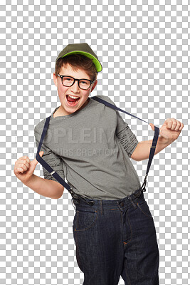 Buy stock photo Portrait, nerd and teen with a smile, excited or cheerful kid isolated against a transparent background. Face, young male person, boy and geek with casual outfit, streetwear and happiness with png