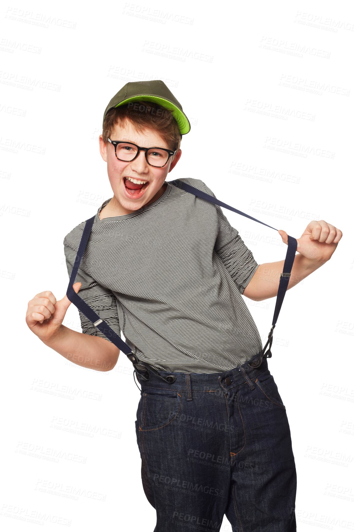 Buy stock photo Portrait, nerd and teen with a smile, excited or cheerful kid isolated against a transparent background. Face, young male person, boy and geek with casual outfit, streetwear and happiness with png