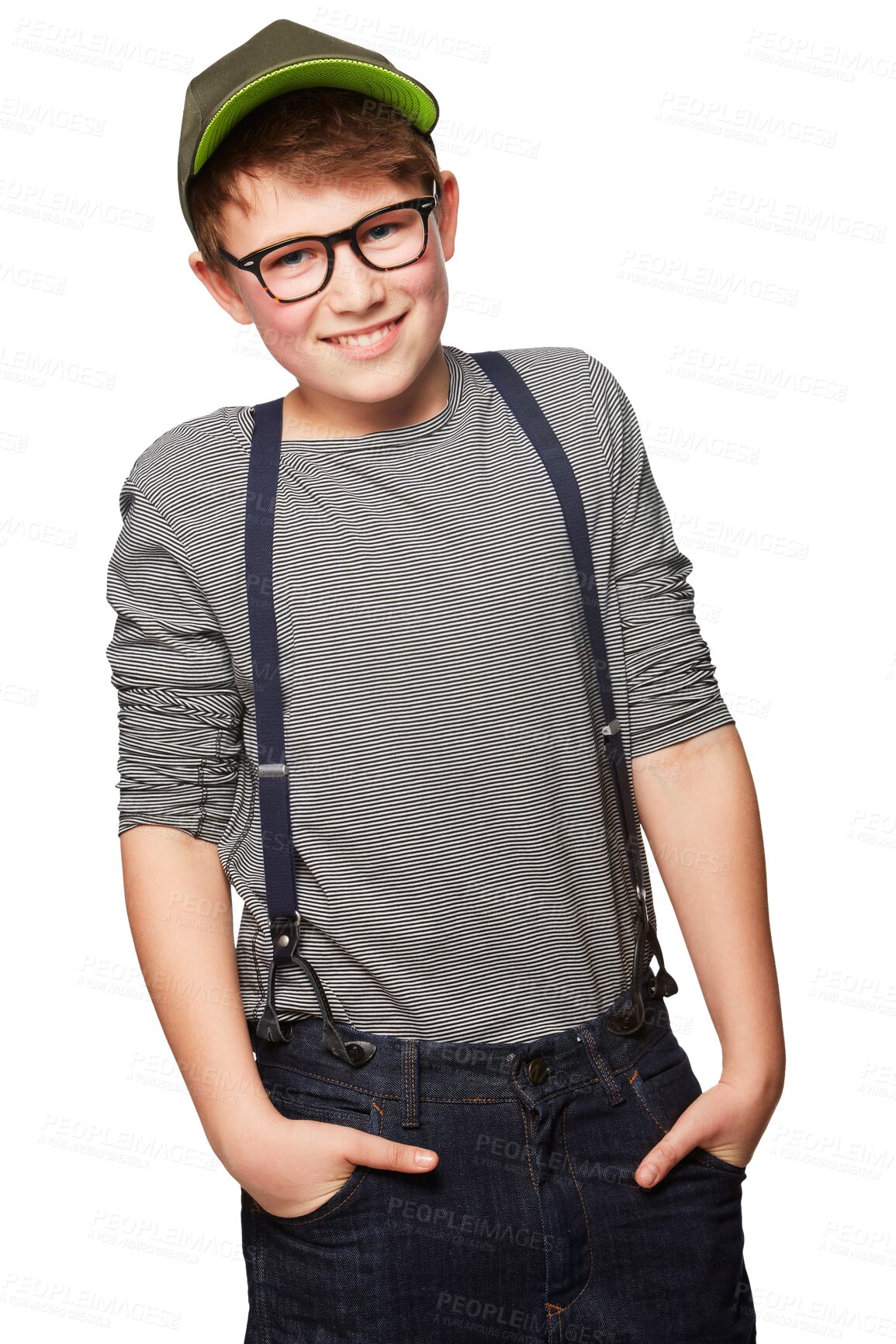 Buy stock photo Isolated teenage boy, baseball cap and glasses in portrait with smile, confidence and transparent png background. Young male teenager, fashion and gen z clothes for nerd, geek and student aesthetic