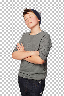 Buy stock photo Portrait, children and fashion with a boy arms crossed isolated on a transparent background for teen style. Kids, trendy and attitude with a young male teenager posing in contemporary clothes on PNG