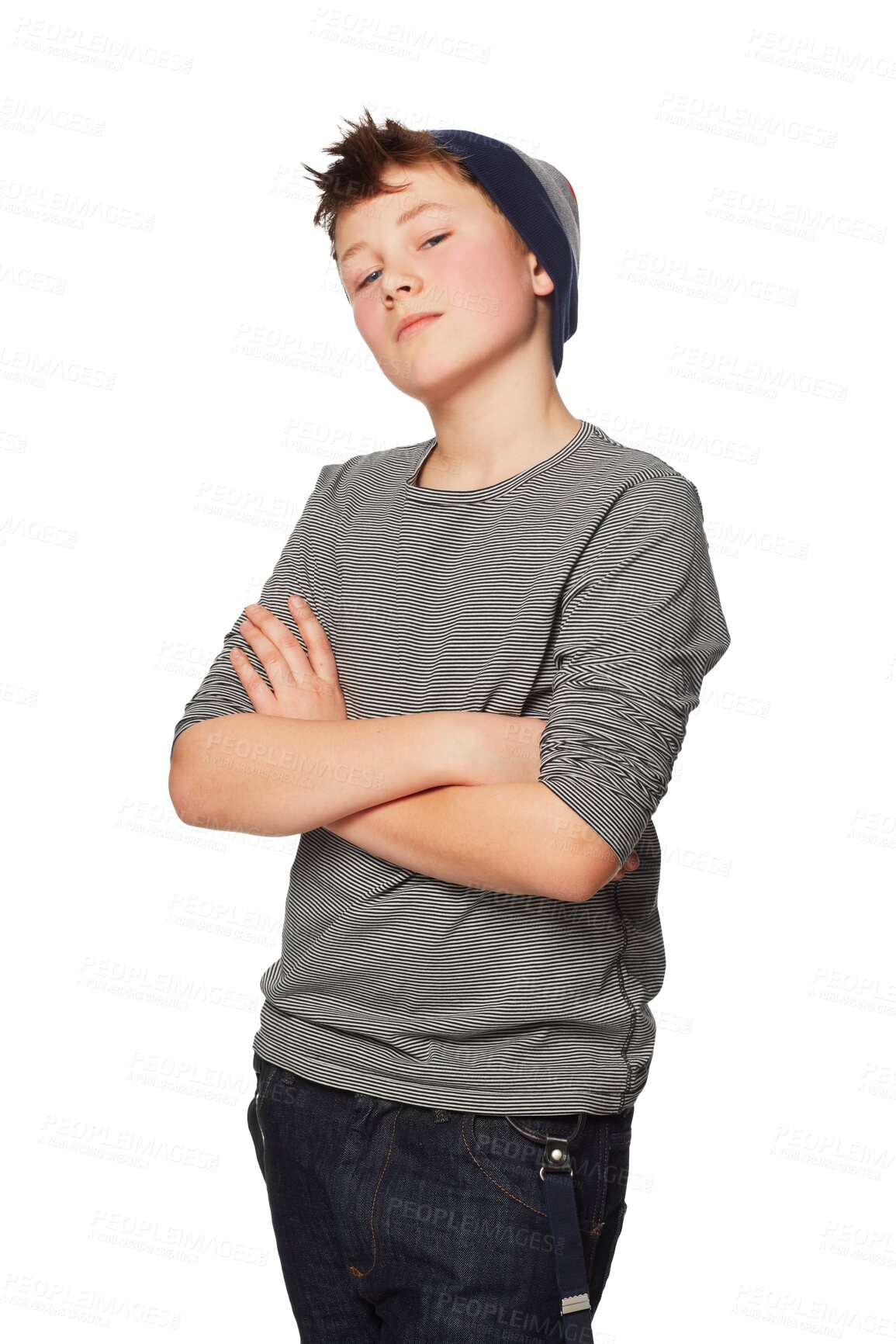 Buy stock photo Portrait, children and fashion with a boy arms crossed isolated on a transparent background for teen style. Kids, trendy and attitude with a young male teenager posing in contemporary clothes on PNG