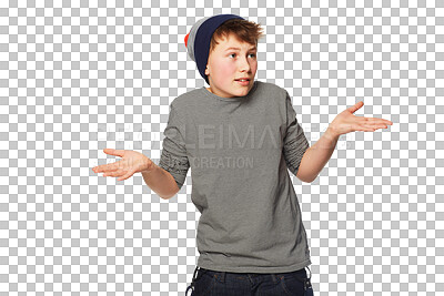 Buy stock photo Hands, confused and boy teenager with question sign on isolated, transparent and png background. Choice, decide and teenage male person with decision, emoji and doubt gesture, unsure and asking