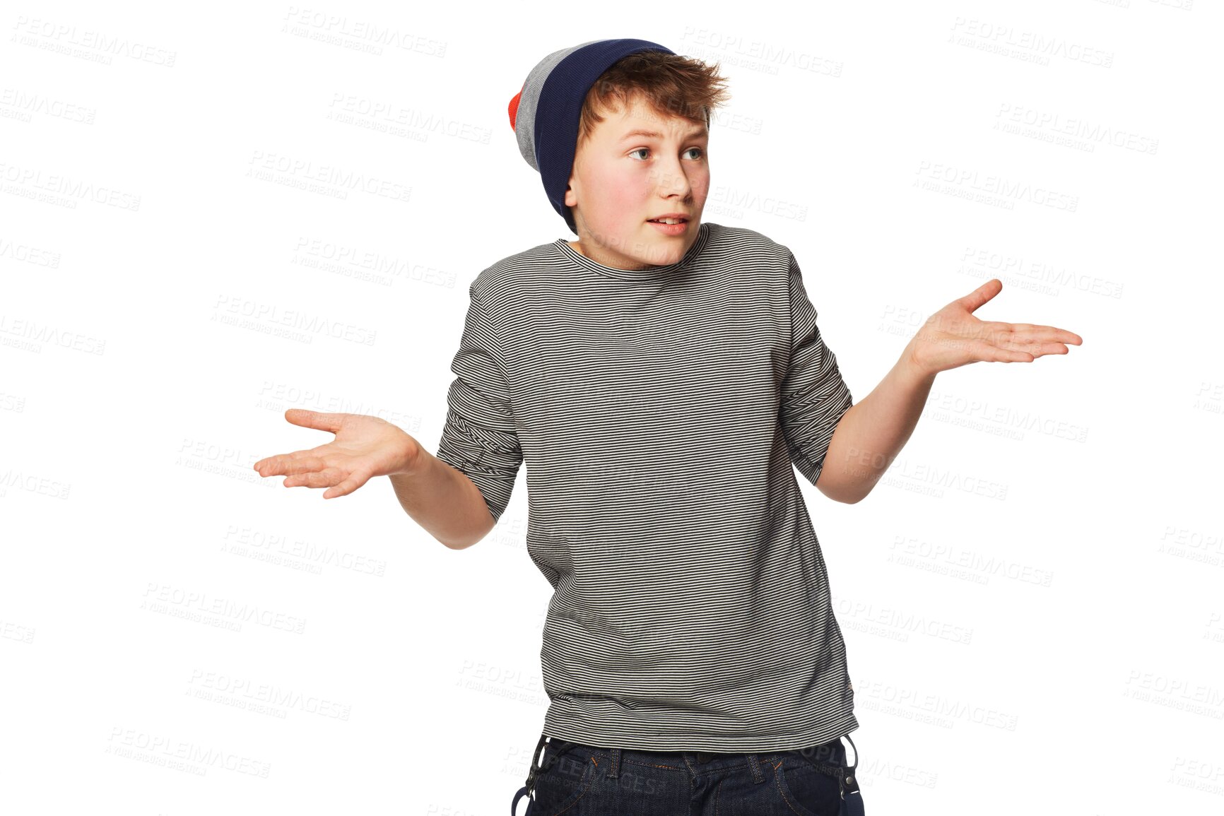 Buy stock photo Hands, confused and boy teenager with question sign on isolated, transparent and png background. Choice, decide and teenage male person with decision, emoji and doubt gesture, unsure and asking