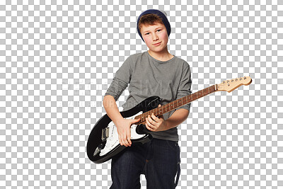 Buy stock photo Guitar, music and boy teenager portrait on isolated, transparent and png background. Musical, face and teenage male playing electric instrument for punk, metal or rock, aesthetic and creative hobby