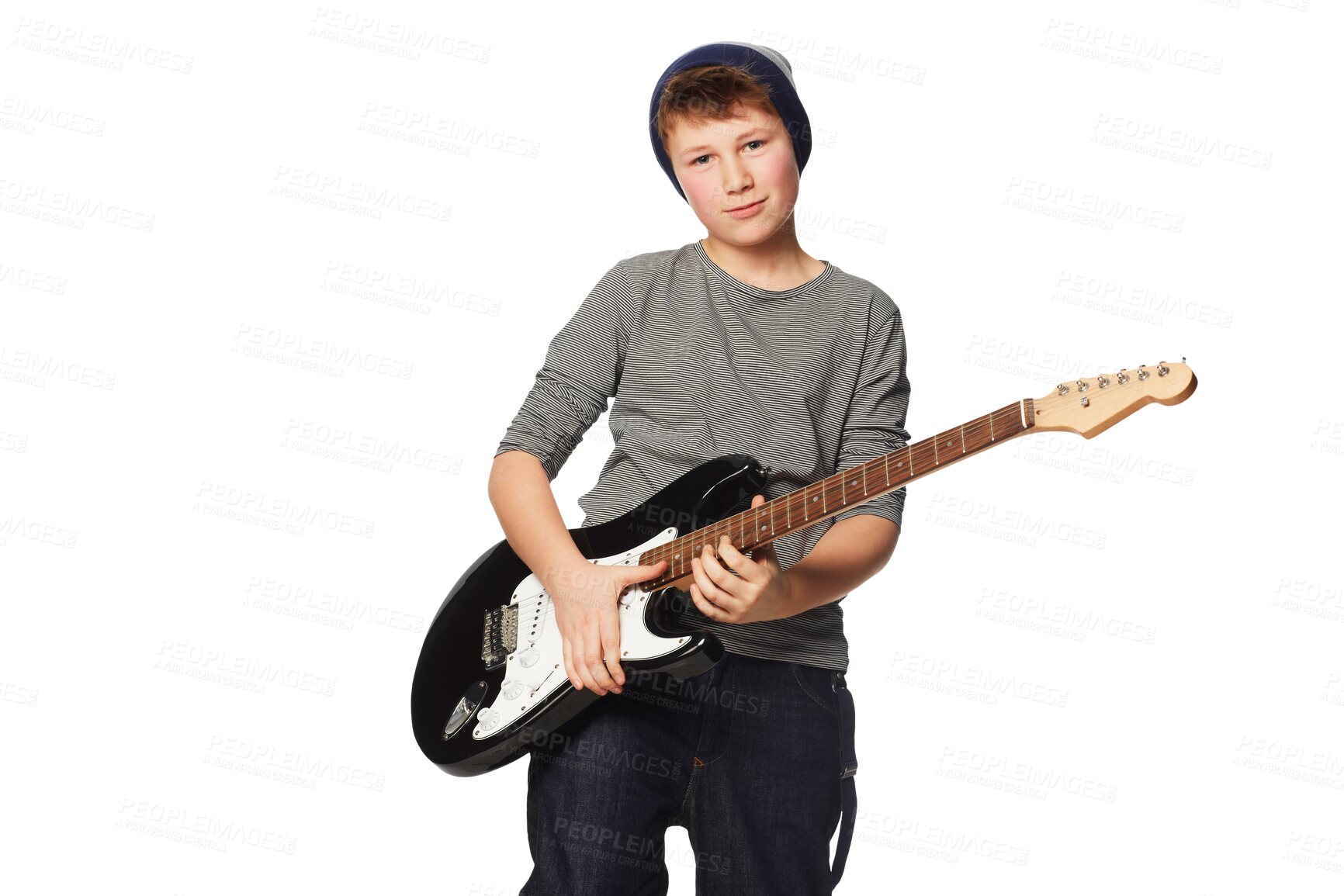 Buy stock photo Guitar, music and boy teenager portrait on isolated, transparent and png background. Musical, face and teenage male playing electric instrument for punk, metal or rock, aesthetic and creative hobby