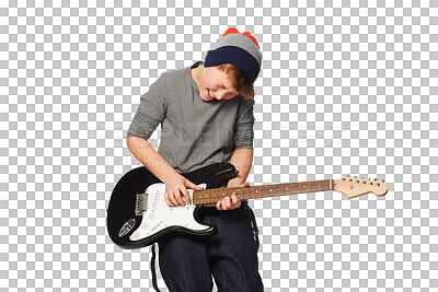 Buy stock photo Electric, guitar and boy teenager with energy on isolated, transparent and png background. Music, passion and teenage male punk playing instrument, metal or rock, aesthetic and fun creative hobby