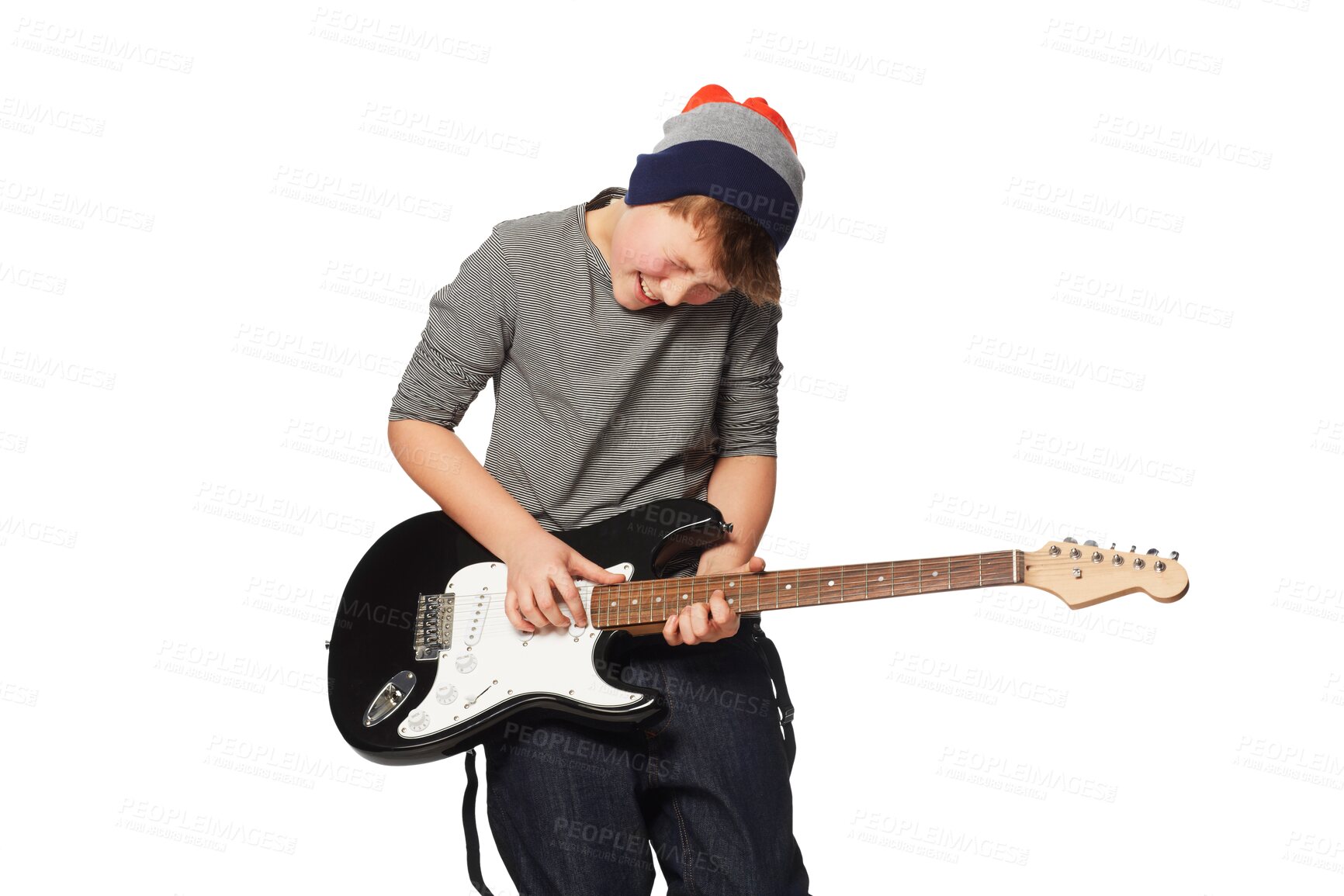 Buy stock photo Electric, guitar and boy teenager with energy on isolated, transparent and png background. Music, passion and teenage male punk playing instrument, metal or rock, aesthetic and fun creative hobby