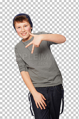 Buy stock photo Cool, portrait and child with a hand sign isolated on a transparent png background in a studio. Happy, fashion and stylish boy kid or teenager with a gesture for greeting, number or trendy expression