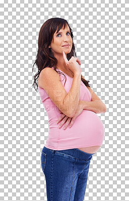 Buy stock photo Thinking, smile and pregnant woman with an idea or plan isolated on a transparent png background. Happy, mother and a young lady planning for her pregnancy and future with a baby and motherhood