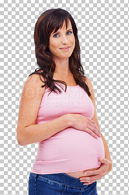 Buy stock photo Portrait, happy and maternal with a pregnant woman isolated on a transparent background for motherhood. Mama, smile and pregnancy with a young mother holding her stomach, abdomen or belly on PNG