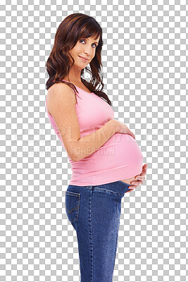 Buy stock photo Portrait, happy and maternity with a pregnant woman isolated on a transparent background for motherhood. Mama, smile and pregnancy with a maternal young mother holding her stomach or belly on PNG