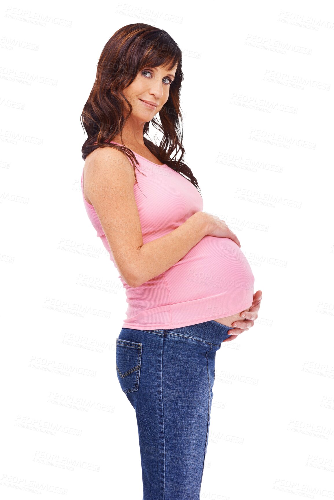 Buy stock photo Portrait, happy and maternity with a pregnant woman isolated on a transparent background for motherhood. Mama, smile and pregnancy with a maternal young mother holding her stomach or belly on PNG
