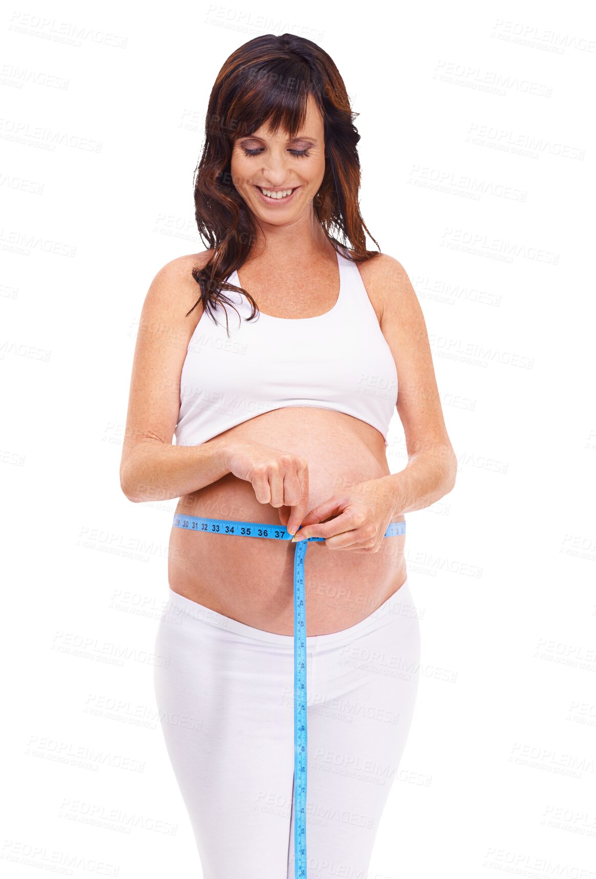 Buy stock photo Tape measure, happy and maternal with a pregnant woman isolated on transparent background for motherhood. Mama, smile and pregnancy with a young mother measuring her stomach, abdomen or belly on PNG