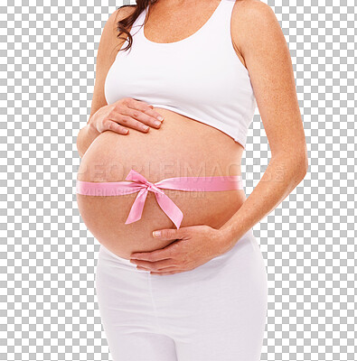 Buy stock photo Closeup, pregnant and woman with a pink bow, stomach and gender reveal isolated on a transparent png background. Female person, mother and ribbon of pregnancy, maternity and wellness of belly