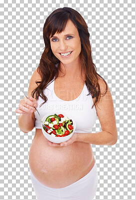 Buy stock photo Portrait, salad and maternal with pregnant woman isolated on a transparent png background for healthy eating. Mama, smile and pregnancy of mother holding bowl of fresh green vegetables for nutrition