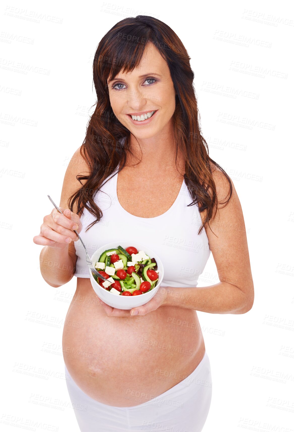 Buy stock photo Portrait, salad and maternal with pregnant woman isolated on a transparent png background for healthy eating. Mama, smile and pregnancy of mother holding bowl of fresh green vegetables for nutrition