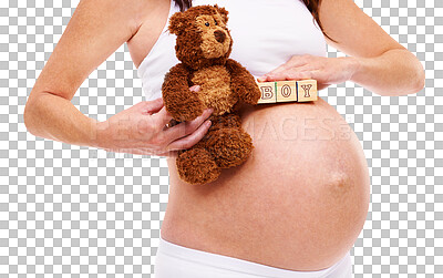 Buy stock photo Closeup, pregnant and woman with toys, stomach or lady isolated on a transparent background. Zoom, female person or mother with a teddy bear, blocks or pregnancy with maternity, gender reveal and png