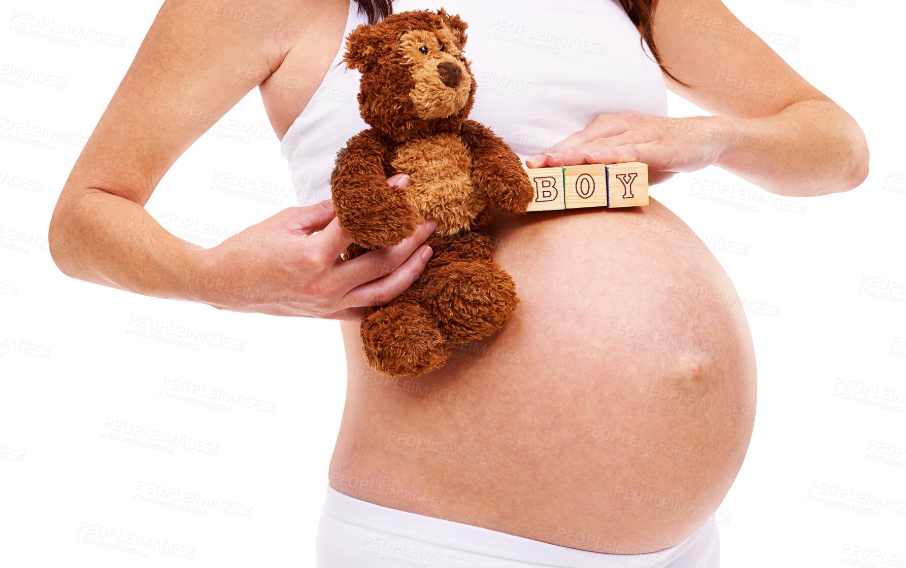 Buy stock photo Closeup, pregnant and woman with toys, stomach or lady isolated on a transparent background. Zoom, female person or mother with a teddy bear, blocks or pregnancy with maternity, gender reveal and png