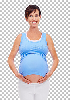 Buy stock photo Portrait, happy and motherhood with a pregnant woman isolated on a transparent background for maternal fashion. Mama, smile and pregnancy wear with a mother holding her stomach or abdomen on PNG