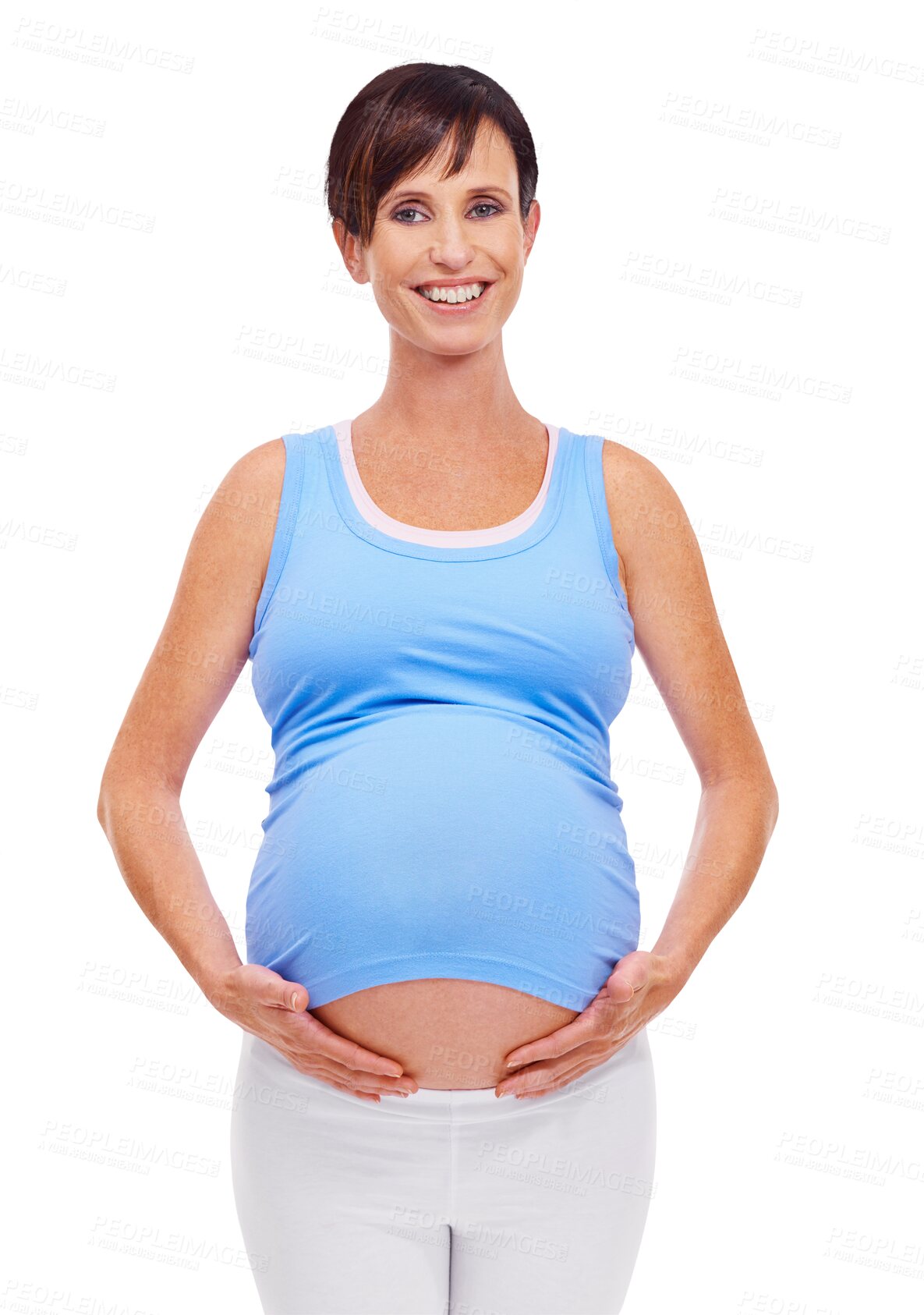 Buy stock photo Portrait, happy and motherhood with a pregnant woman isolated on a transparent background for maternal fashion. Mama, smile and pregnancy wear with a mother holding her stomach or abdomen on PNG