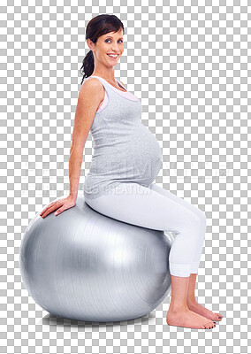 Buy stock photo Portrait, fitness and exercise ball with a pregnant woman isolated on transparent background for health. Mama, smile and pregnancy with a young mother sitting during a prenatal workout routine on PNG