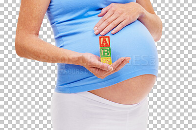 Buy stock photo Pregnancy, education and pregnant woman with blocks, baby building toys or wooden object. Stomach, belly and female person or mother with future development for child in transparent or png background