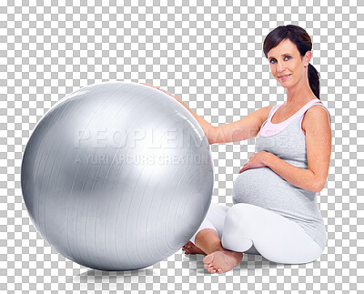 Buy stock photo Portrait, pregnant and exercise ball with a woman crossed legs isolated on a transparent background. Mama, fitness and pregnancy with a young mother holding her stomach, abdomen or belly on PNG