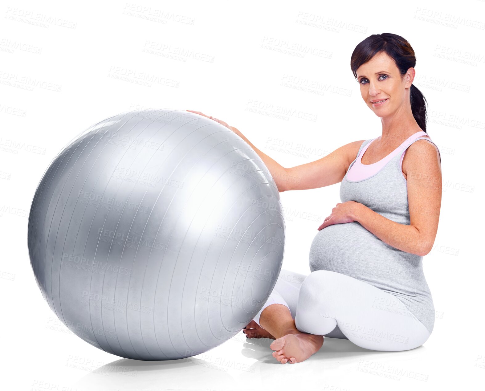 Buy stock photo Portrait, pregnant and exercise ball with a woman crossed legs isolated on a transparent background. Mama, fitness and pregnancy with a young mother holding her stomach, abdomen or belly on PNG