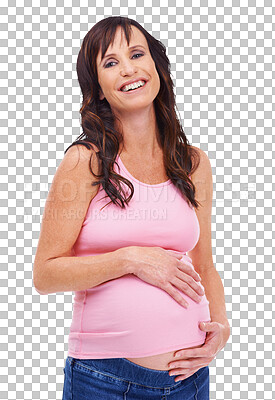 Buy stock photo Portrait, smile and maternity with a pregnant woman isolated on a transparent background for motherhood. Mama, happy and pregnancy with a maternal young mother holding her stomach or abdomen on PNG