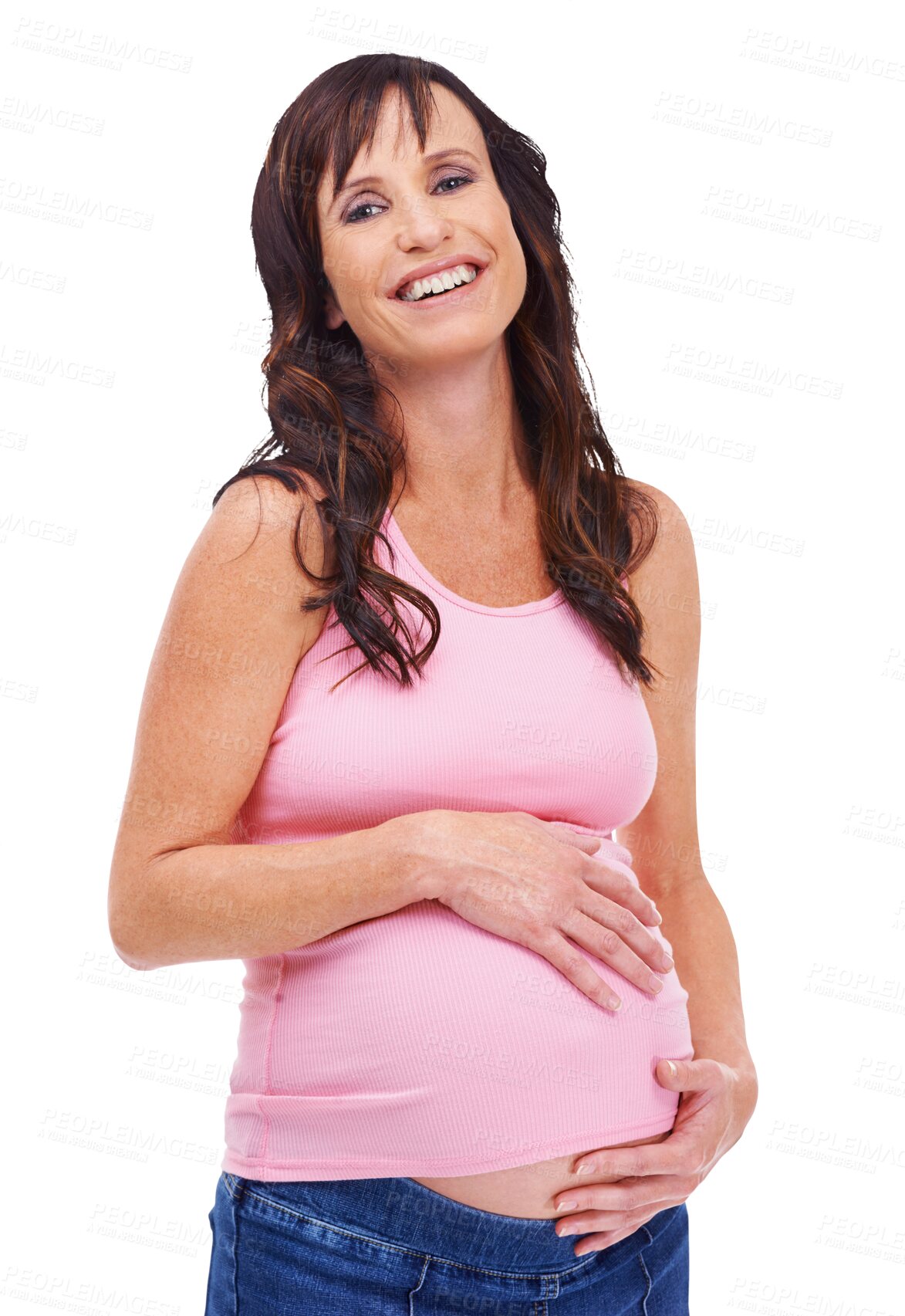 Buy stock photo Portrait, smile and maternity with a pregnant woman isolated on a transparent background for motherhood. Mama, happy and pregnancy with a maternal young mother holding her stomach or abdomen on PNG