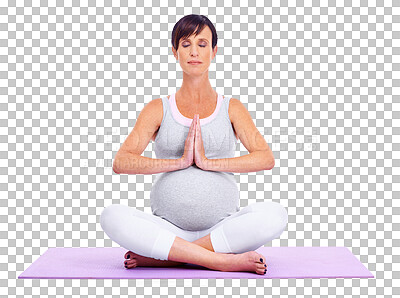 Buy stock photo Pregnant, yoga and a meditation exercise with a woman isolated on transparent, png background. Female model person on a mat to meditate for a healthy pregnancy, fitness or health and wellness or zen