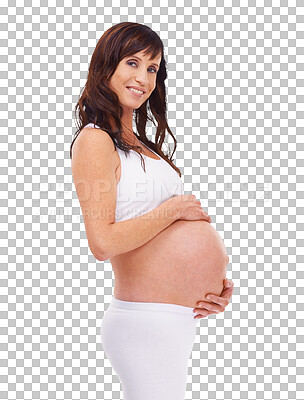 Buy stock photo Portrait, smile and maternal with a pregnant woman isolated on a transparent background for motherhood. Mama, happy and pregnancy with a young mother holding her stomach, abdomen or belly on PNG