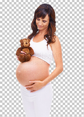 Buy stock photo Teddy bear, happy and maternal with a pregnant woman isolated on a transparent background for motherhood. Mama, smile and pregnancy with a young mother holding a stuffed animal or fluffy toy on PNG