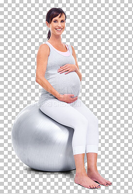 Buy stock photo Portrait, happy and fitness with a pregnant woman isolated on a transparent background for prenatal health. Mama, smile and pregnancy with a mother sitting on an exercise ball for a workout on PNG