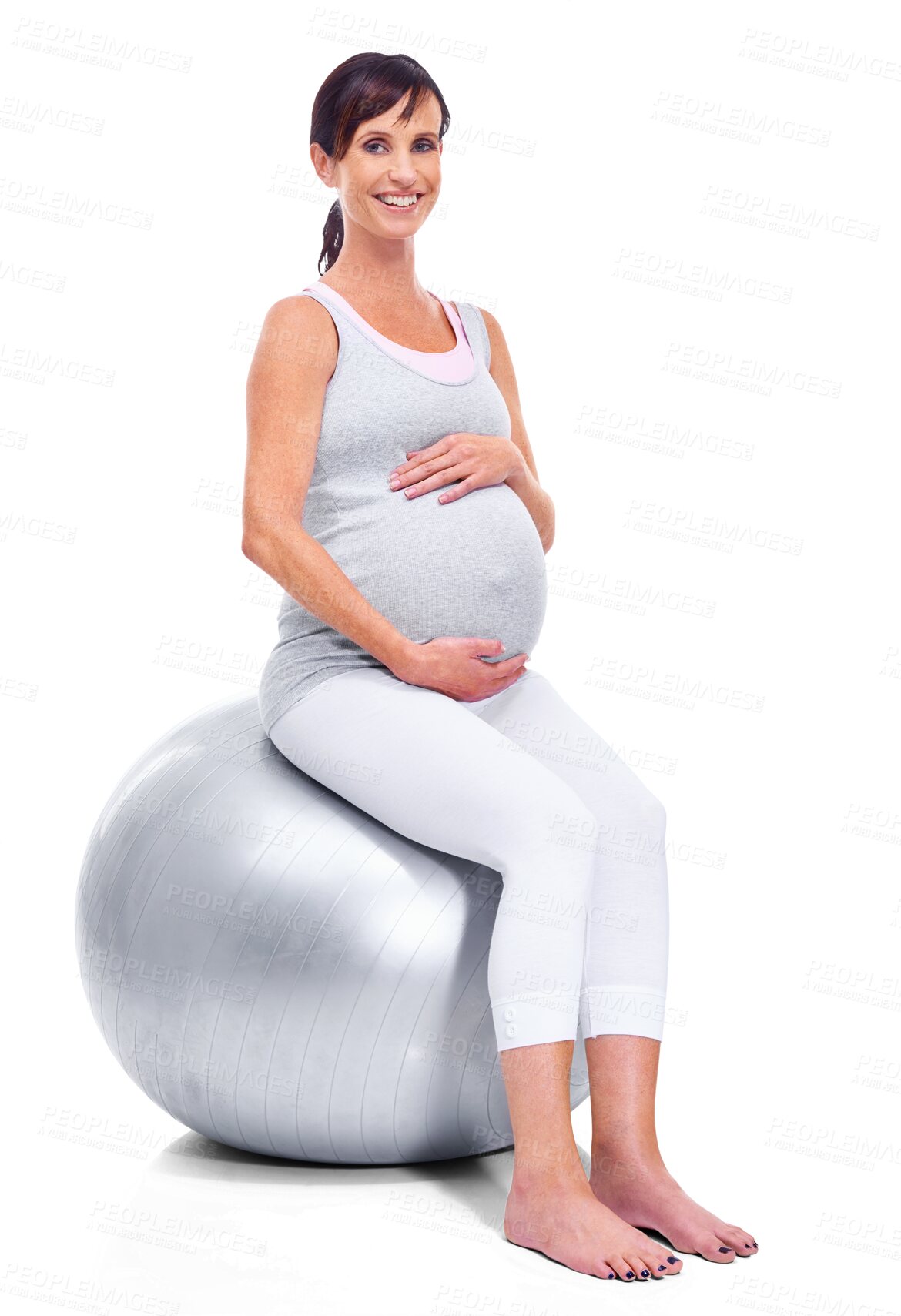 Buy stock photo Portrait, happy and fitness with a pregnant woman isolated on a transparent background for prenatal health. Mama, smile and pregnancy with a mother sitting on an exercise ball for a workout on PNG