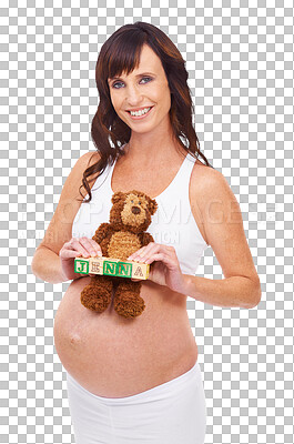 Buy stock photo Portrait, teddy bear and toy blocks with a pregnant woman isolated on a transparent background for motherhood. Mama, smile and pregnancy with a young mother holding toys for child development on PNG