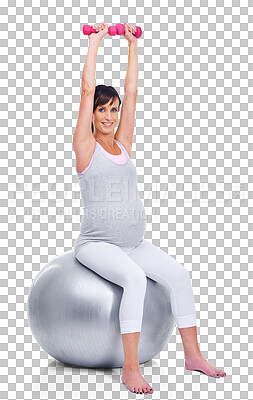 Buy stock photo Portrait, exercise and dumbbells with a pregnant woman isolated on a transparent background for health. Mama, fitness and pregnancy with a young mother lifting weights on an exercise ball on PNG