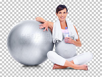 Buy stock photo Portrait, fitness and water with a pregnant woman isolated on transparent background for prenatal training. Mama, smile or pregnancy with a young mother sitting during an exercise ball workout on PNG