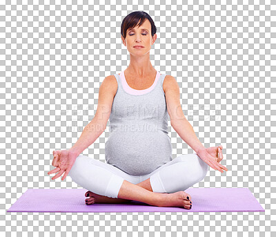 Buy stock photo Meditation, pregnant and yoga exercise with a woman isolated on transparent, png background. Female model person on a mat to meditate for a healthy pregnancy, zen mind and wellness with lotus