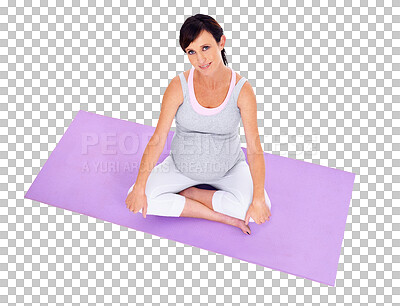 Buy stock photo Pregnant, yoga and healthy exercise with a woman isolated on transparent, png background. Portrait of female model person on a mat to meditate for pregnancy health, fitness or wellness from above