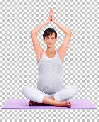 Buy stock photo Yoga, pregnant and a meditation exercise with a woman isolated on transparent, png background. Female model person meditate for healthy pregnancy, fitness or health and wellness with namaste for zen