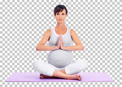 Buy stock photo Pregnant, meditation exercise and yoga with a woman isolated on transparent, png background. Female model portrait on a mat to meditate for a healthy pregnancy, fitness or health and wellness or zen