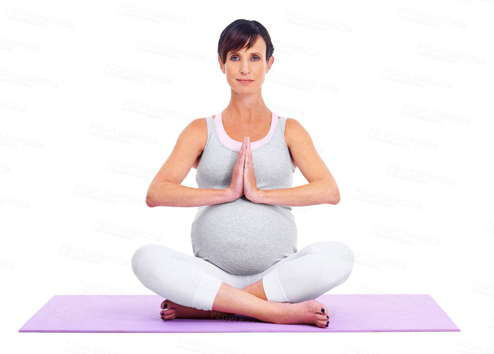 Buy stock photo Pregnant, meditation exercise and yoga with a woman isolated on transparent, png background. Female model portrait on a mat to meditate for a healthy pregnancy, fitness or health and wellness or zen