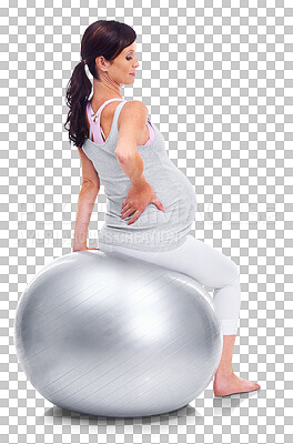 Buy stock photo Back pain, fitness and maternal with a pregnant woman isolated on a transparent background for health. Accident, emergency and anatomy with an injured young mother training on an exercise ball on PNG