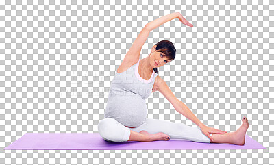 Buy stock photo Stretching, yoga and portrait of a pregnant woman for health isolated on a transparent png background. Smile, workout and a mother training with pilates, morning stretch or exercise during pregnancy