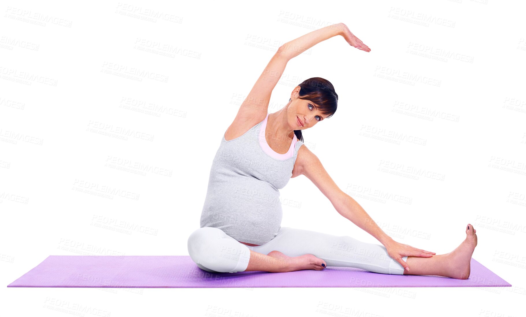 Buy stock photo Stretching, yoga and portrait of a pregnant woman for health isolated on a transparent png background. Smile, workout and a mother training with pilates, morning stretch or exercise during pregnancy