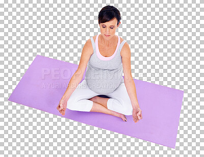 Buy stock photo Meditation exercise, yoga and lotus with a pregnant woman isolated on transparent, png background. Above female model person on a mat to meditate for healthy pregnancy, fitness or health and wellness