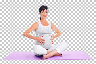 Buy stock photo Pregnant, yoga and a woman with hands on stomach isolated on transparent, png background. Female model person smile on a mat to exercise for a healthy pregnancy, fitness or health and wellness